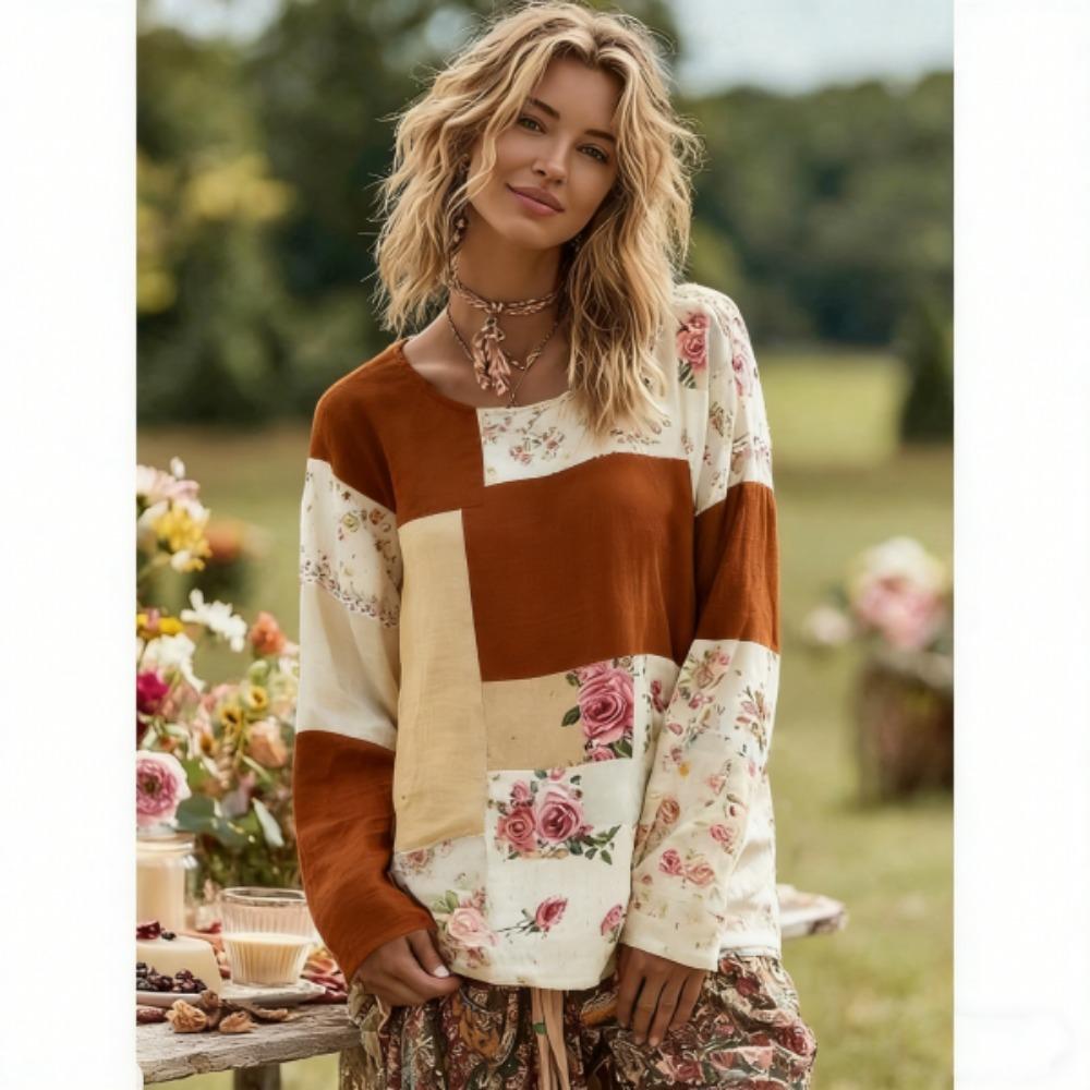 Bohemian Style Fashion Splicing Colors Women's T-shirt Pullover Europe America Women Long Sleeve Clothing Outdoor Casual Tees Top