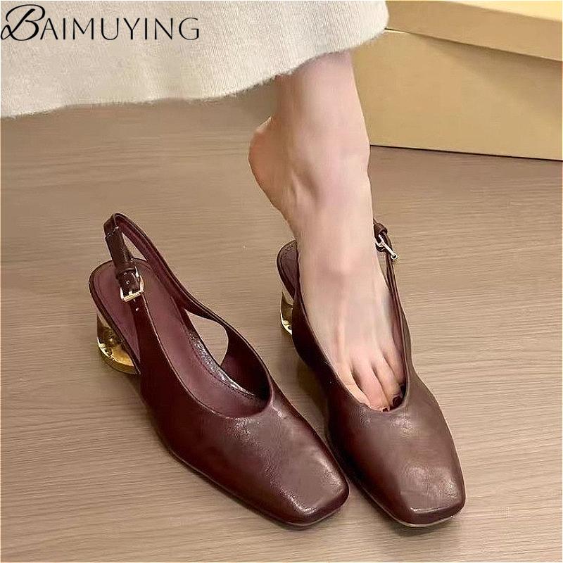 

Мода Высокие каблуки Женские сандалии Квадратный носок Шлепанцы Обувь Дизайнер Летние Слингбэки 2024 Тренд Мягкая кожа Платье Массивные туфли Мода 40 вино красного