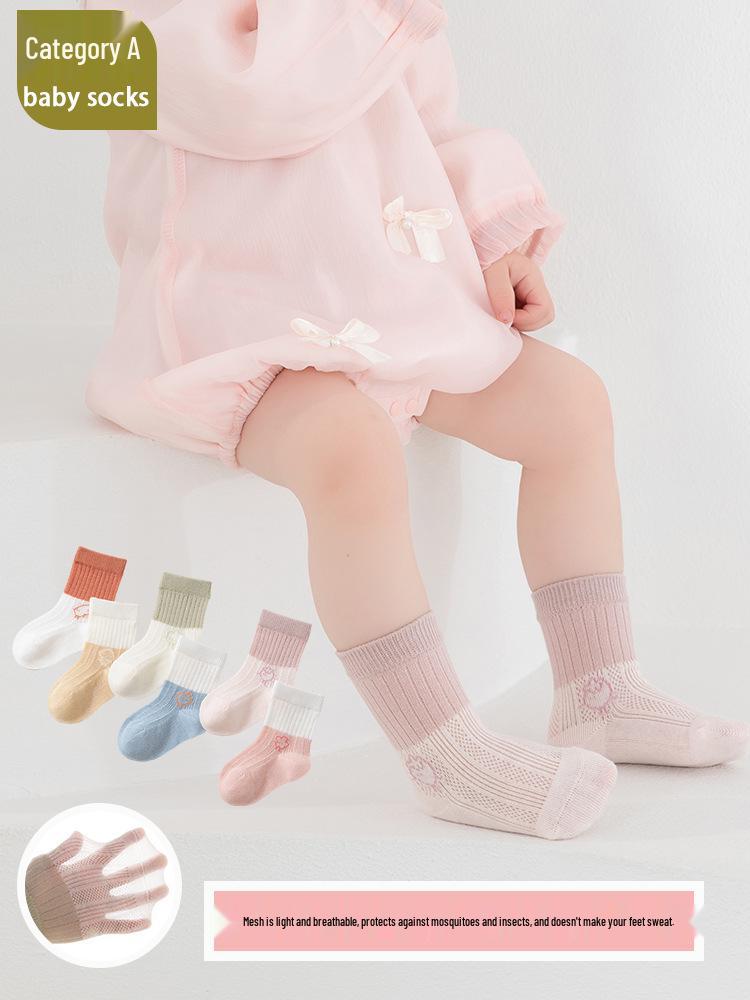 Class A Cotton Baby Socks - Breathable, Seamless, Loose Cuff, Mid-Calf Mesh for Newborns