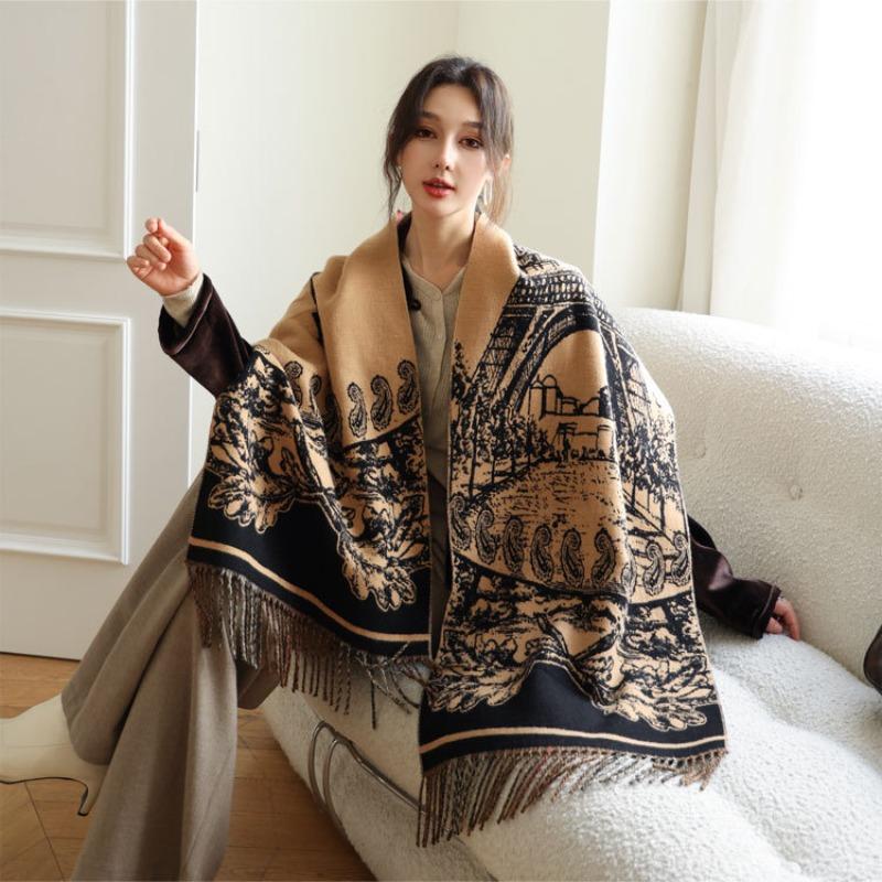 Fashion plaid core-spun yarn women's scarf autumn and winter new tower long jacquard shawl warm and thickened versatile scarf