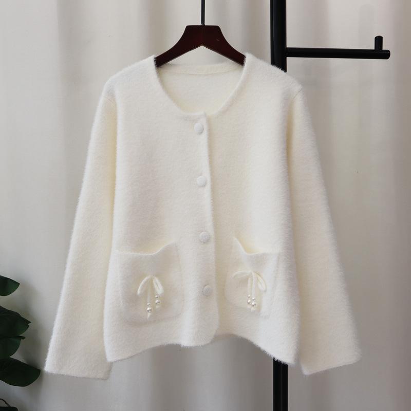 Bow imitation mink velvet knitted cardigan autumn and winter new round neck high-end sweater jacket women