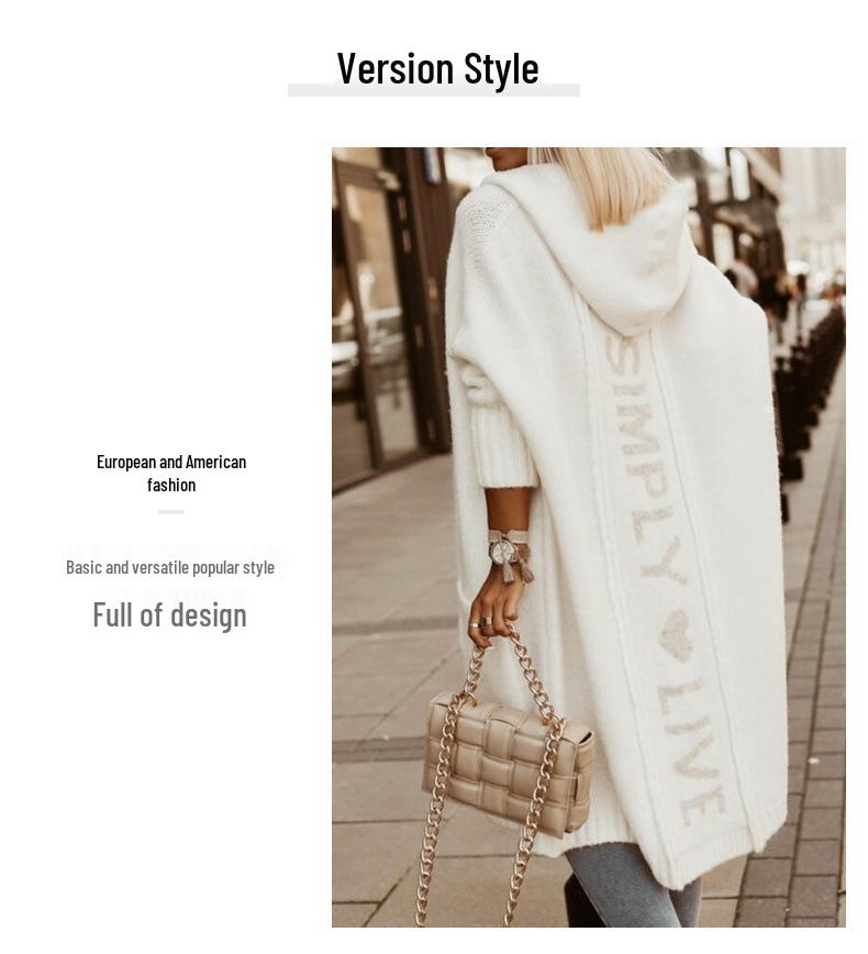Cross-Border Autumn/Winter Hooded Long Cardigan Sweater with Letter Design