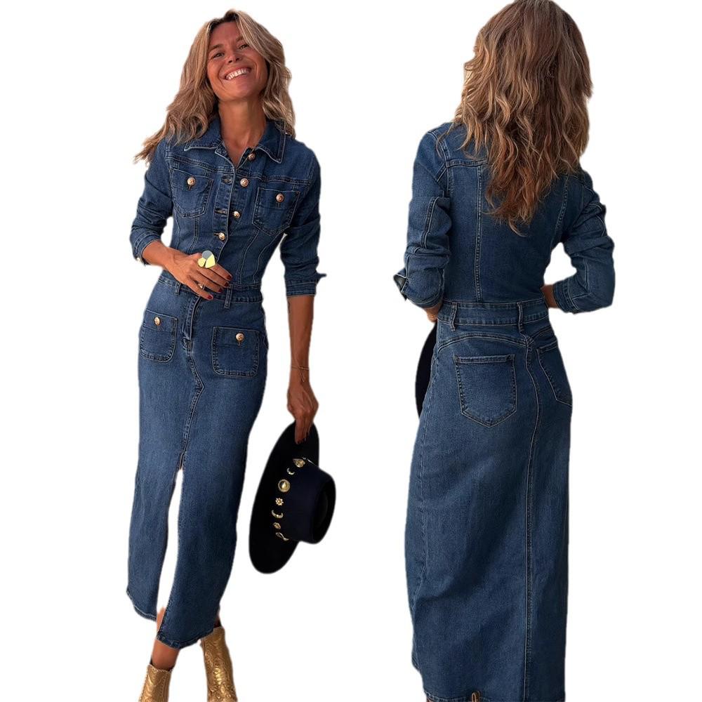 2024 Europäische & Amerikanische Mode Lässig Mehrknöpfig Langarm Denim Midi-Kleid