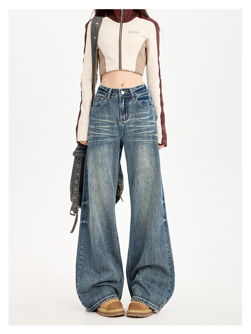 

K760 High Waist Wide Leg Denim Pants with Wrinkled Cat Whisker Details L