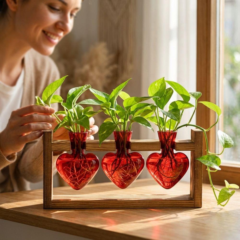 3/2 Flaschen Glas Herzform Vase Holzständer Holzrahmen Vase Blumentopf Heimdekoration