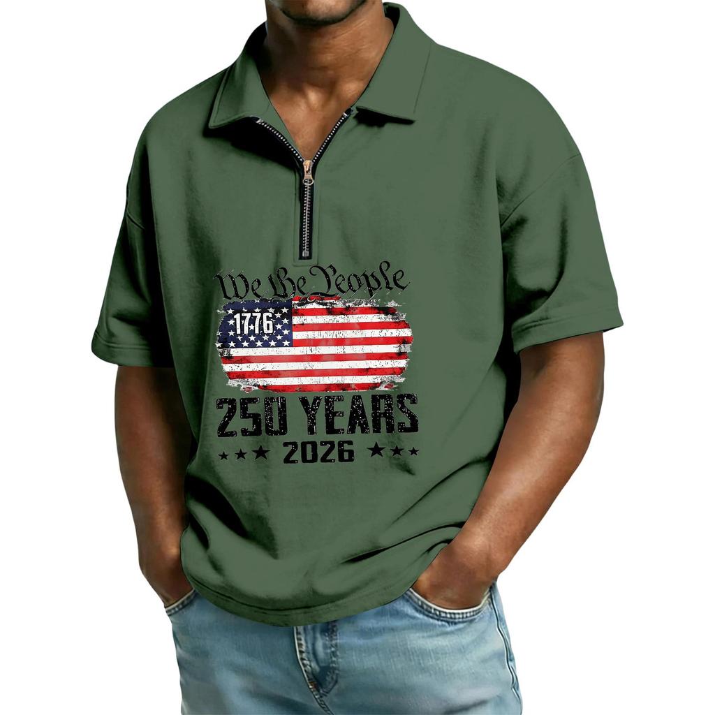 Men's Casual Loose American Independence Day Printed T-shirt Lapel Short Sleeve Daily Tops
