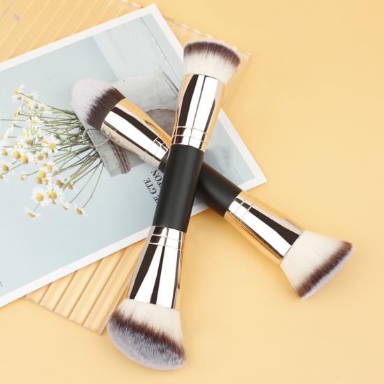 Profesionální štětec na make-up s dvojitou hlavicí, šikmý plochý syntetický kabuki make-up, sypký pudr, tvářenka, oční stíny, konturovací korektor, blending kosmetika