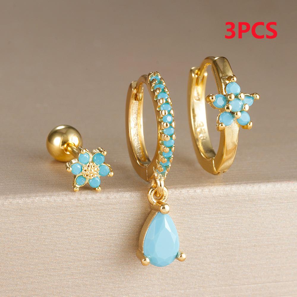 3-Piece Rhinestone Floral Water Drop Earrings & Ear Cuff Set for Women
