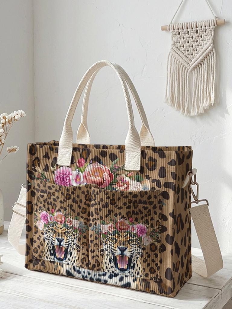 Leopard Print & Floral Leopard Head Corduroy Tote Bag Large Capacity Multi Pocket Animal Print Commuter Shoulder Bag