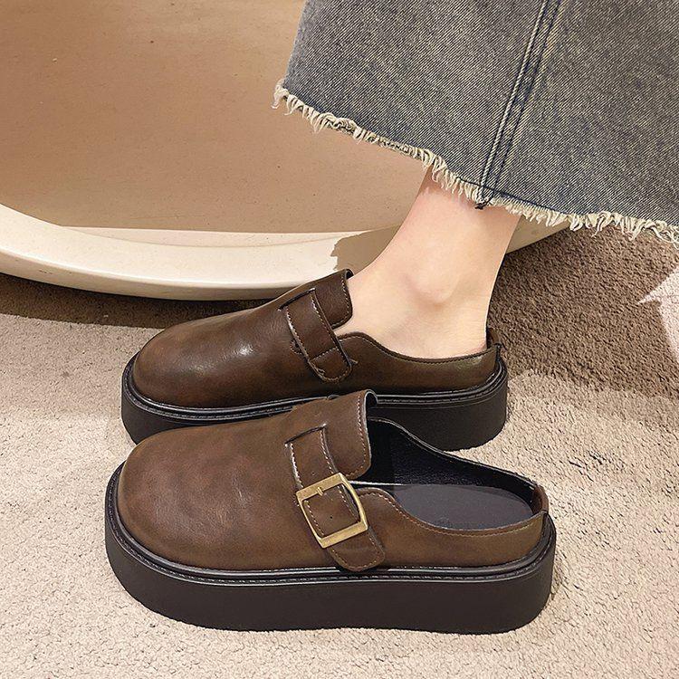 Thick-soled Muffin Birken Shoes, Leather Bag Head, Half-drag Women's Outer Wear 2025 New Spring and Autumn One-pedal Birken Slippers
