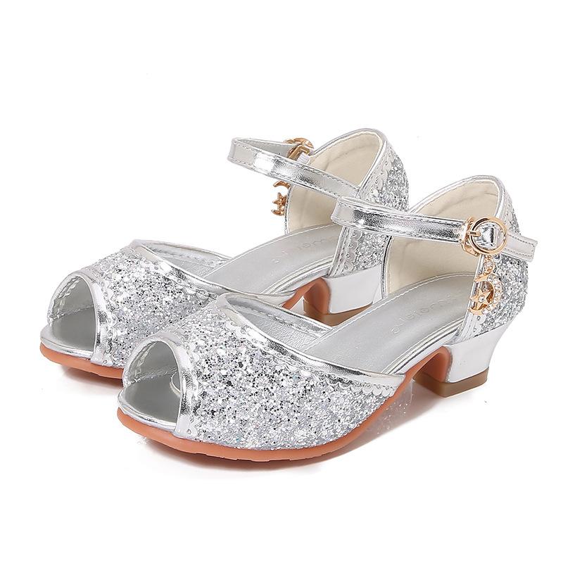 Girls Sandals Children's High Heel Princess Shoes Summer Little Girl Sequined Crystal Shoes Elsa Fashion Mary Jane Classmate