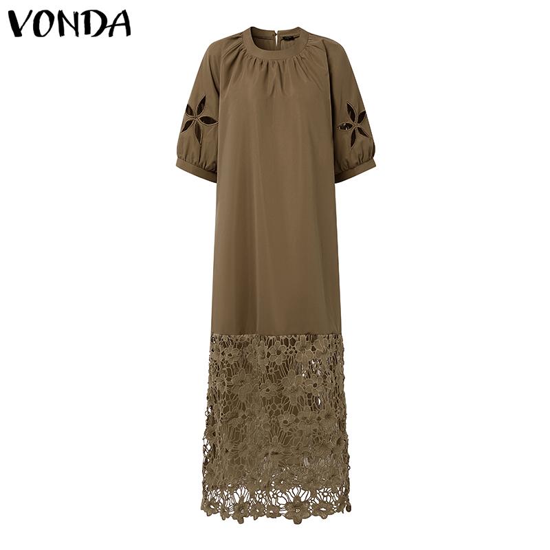 

VONDA Летнее женское круглое шея с коротким рукавом кружево крючком пэчворк повседневное платье 5XL коричневый