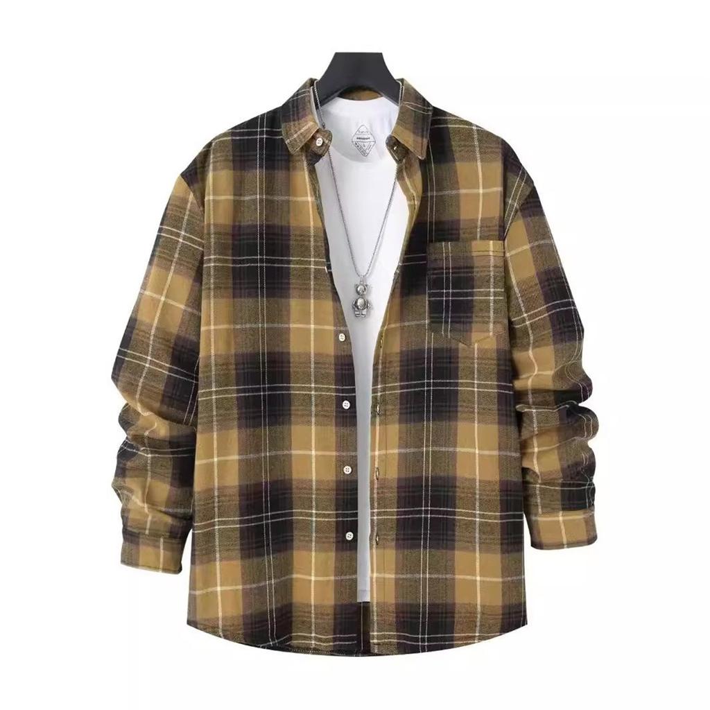 Men's Casual Long Pocket Sleeve Shirt Cardigan With Ground Wool Pinstripe Check