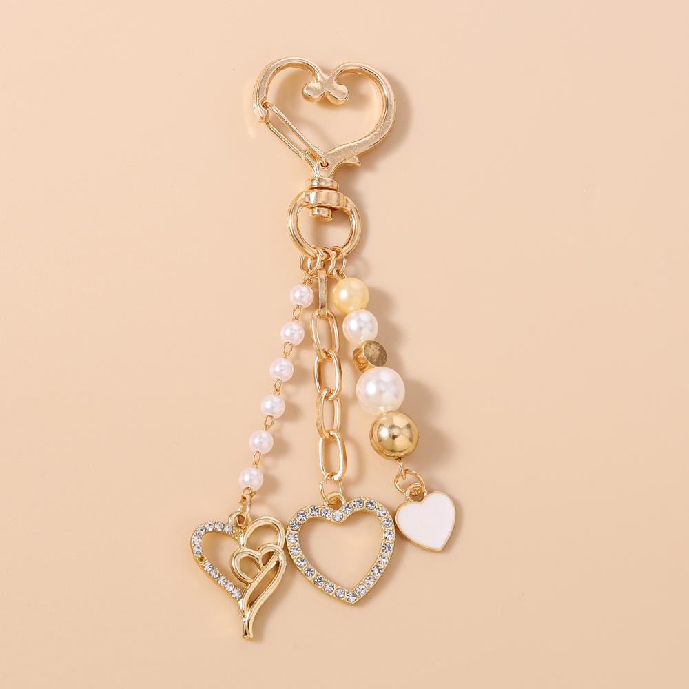 Cute Bowknot Love Heart Keychain Women Girl Pearl Beaded Key Ring Pendants for Handbag Decor DIY Handmade Key Chain Gift