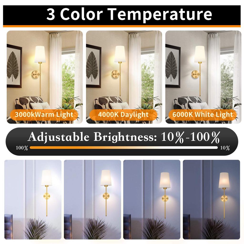 Battery Operated Wall Sconce Set of 2,Gold Rechargeable Wall Lights with 2500mAh Dimmable Detachable Bulbs and Remote