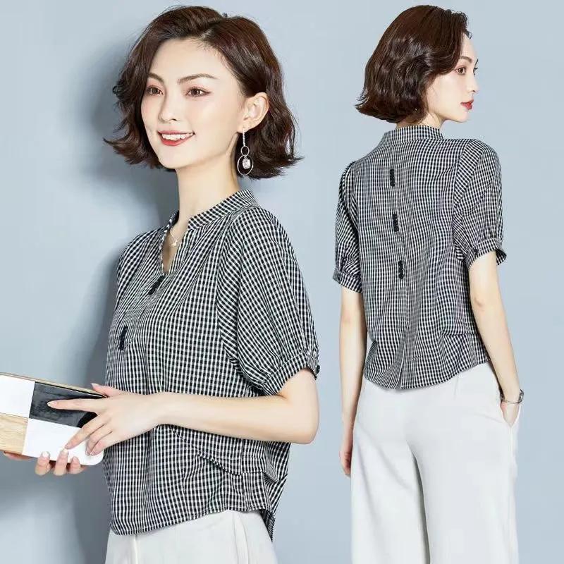 Women's Summer Design V-Neck Chiffon Shirt Plaid Short Sleeve Casual Belly Covering Top