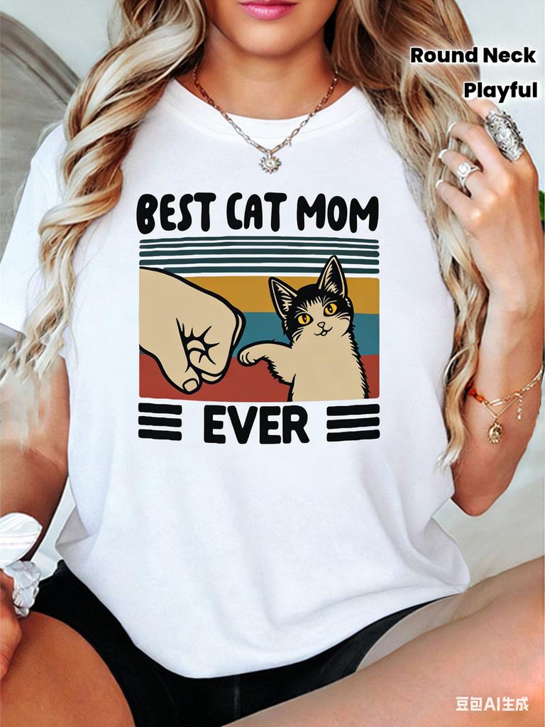 Cartoon Playful Style Best Cat Mother Printed TShirt Womens SummerSpring Short Sleeve Round Neck Casual Top