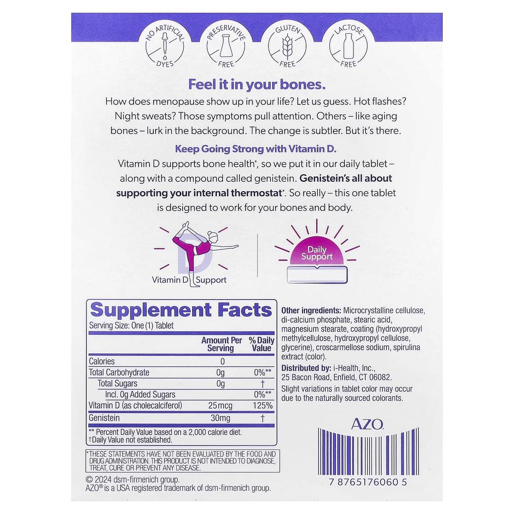 Azo Menopause Symptom Relief, Daily Menopause Symptom Relief + Vitamin D, 30 Tablets