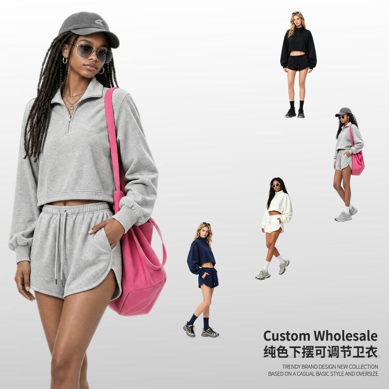 Womens Oversized Short Crop Hoodless Zip-Up Sweatshirt With Drawstring Waist Cotton Blend Streetwear Style