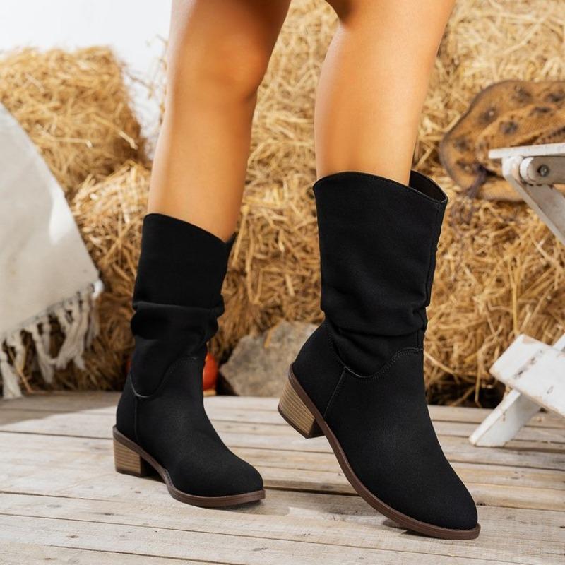 Women's Pointed Wild Boots, Thick-Soled Western Boots, Vintage Pleated Fashion Ankle Boots Autumn and Winter