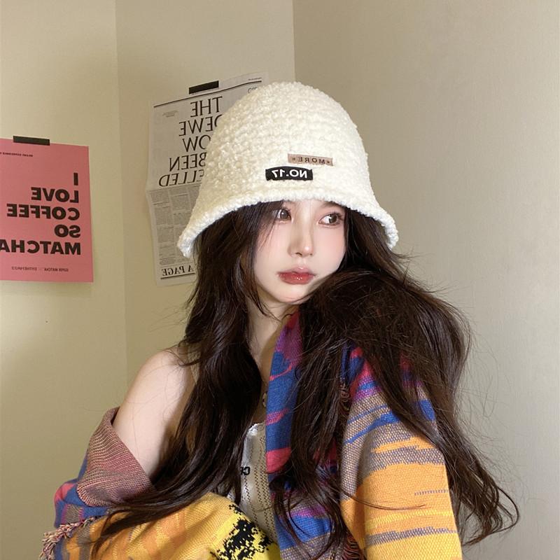 Women's Autumn and Winter Patch Plush Fisherman's Hat Big Head Circumference Korean Version Versatile Warm Japanese Basin Hat Trendy