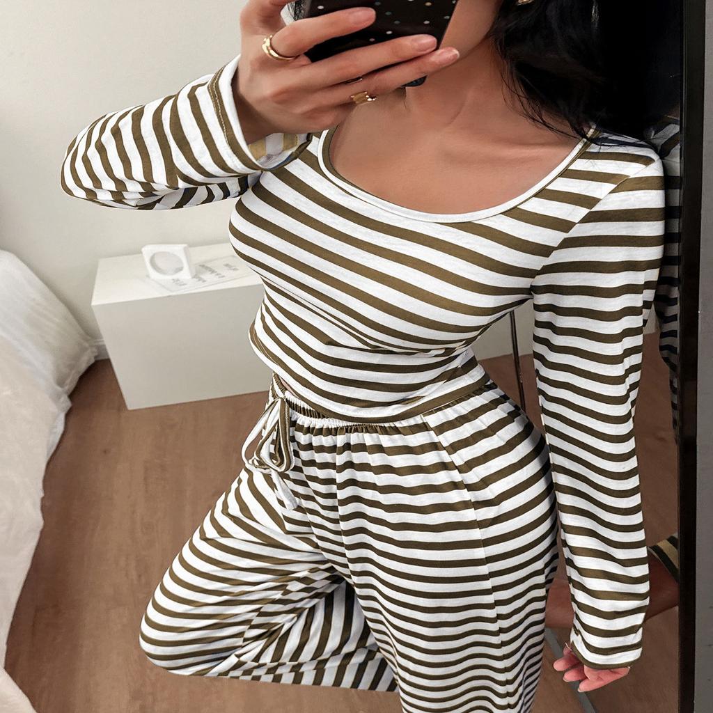 Women's Two-piece Set with A Square Trendy Striped Design Comfortable Casual Pajama New Striped Long-sleeved Wide-leg Pants