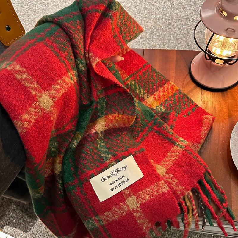 Women's Christmas Plaid Scarf - Autumn/Winter Korean-Style, Versatile Imitation Cashmere Shawl with Tassels
