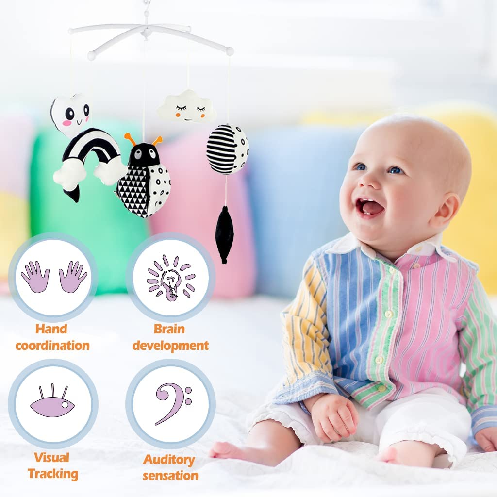 Baby Crib Mobile for Crib with Hanging Rotating Toys, Nursery Mobile with Music Box, Black and White Mobile for Baby Newborns 0-24 Months