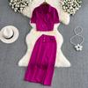 Ladies Suit Retro Lapel Loose Puff Sleeve Short Suit Jacket Two Piece High Waist Slit Skirt