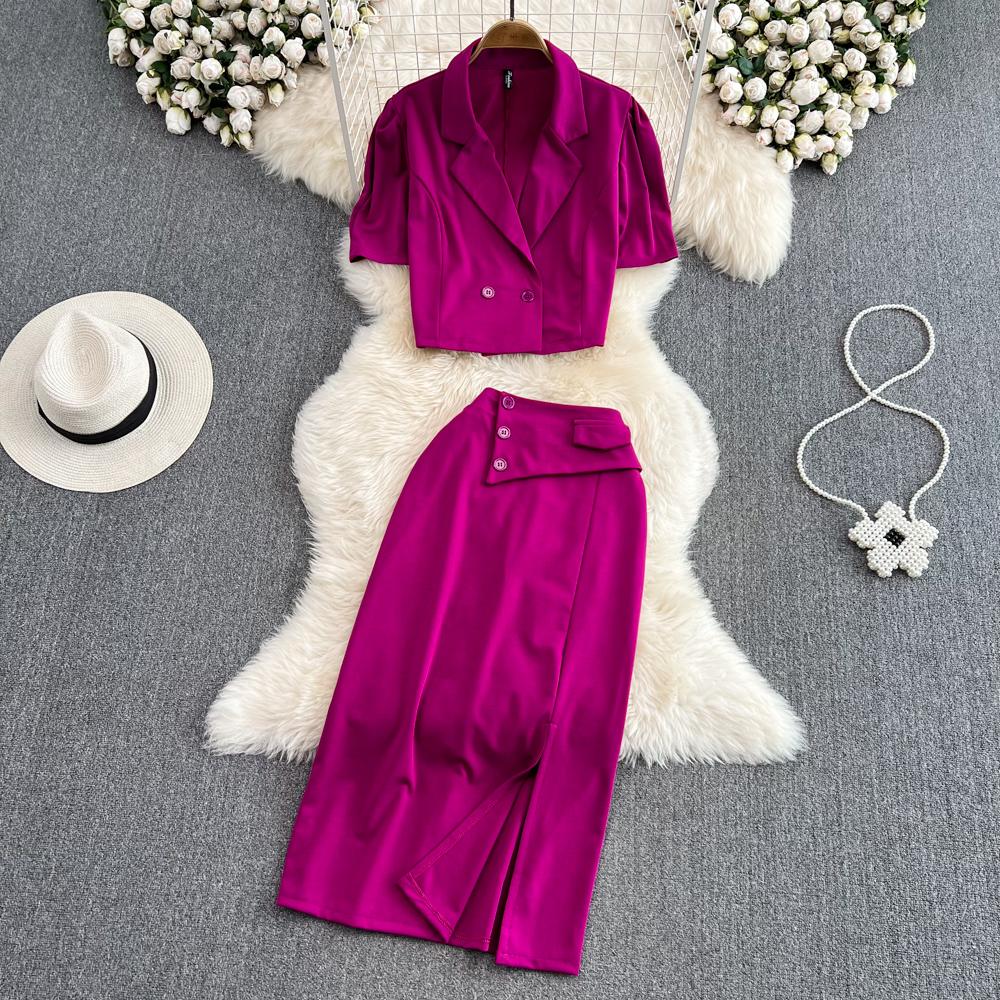 Ladies Suit Retro Lapel Loose Puff Sleeve Short Suit Jacket Two Piece High Waist Slit Skirt