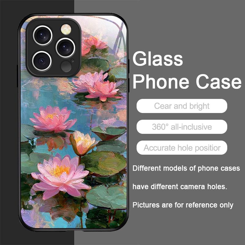 Retro Oil Painting Lotus Flowers Pattern Tempered Glass Phone Case for IPhone 17 16 Pro Max 15 14 Plus 13 12 Mini 11 XS XR Cover