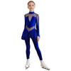 Mädchen Eiskunstlauf Performance Jumpsuit Stehkragen Langarm Transparenter Mesh Patchwork Glänzende Strasssteine Ganzkörperanzug