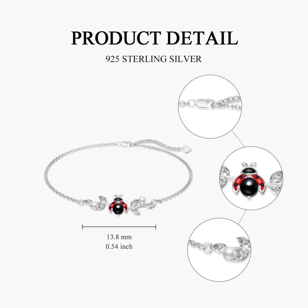 Ladybug Bracelet, Made of 925 Sterling Silver, Hypoallergenic, Ladybug Leaf Bracelet, Ladybug Accessory, Women's