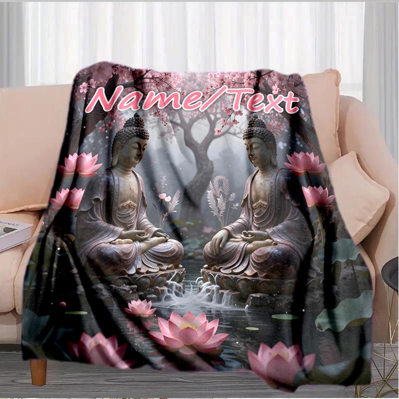 1PC Custom Name Buddha Meditation Garden Outdooor Flannel Blankets Throw Blanket All-Season Throw Gift Bedspread for Couch, Bed, Camping Holiday Birth