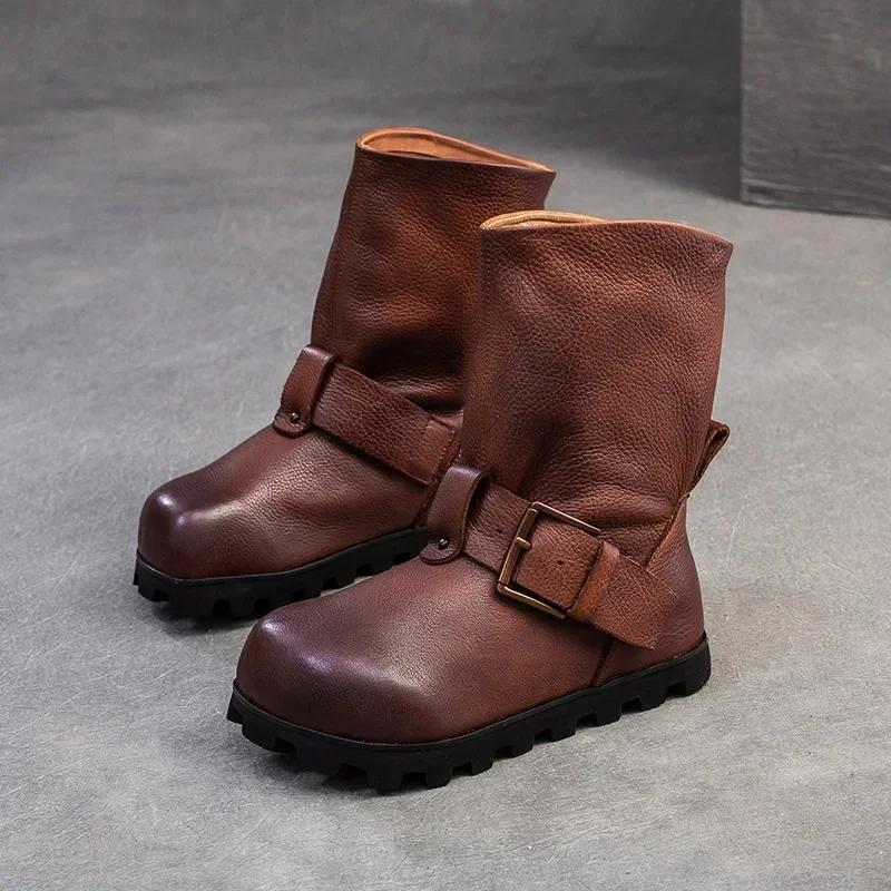 

Fashion Top quality Spring Boots Slip on Chimney Ladies Women Shoes Cow Genuine Leather Ankle Booties Autumn Fashion Round Toe Moccasins 35 коричневый