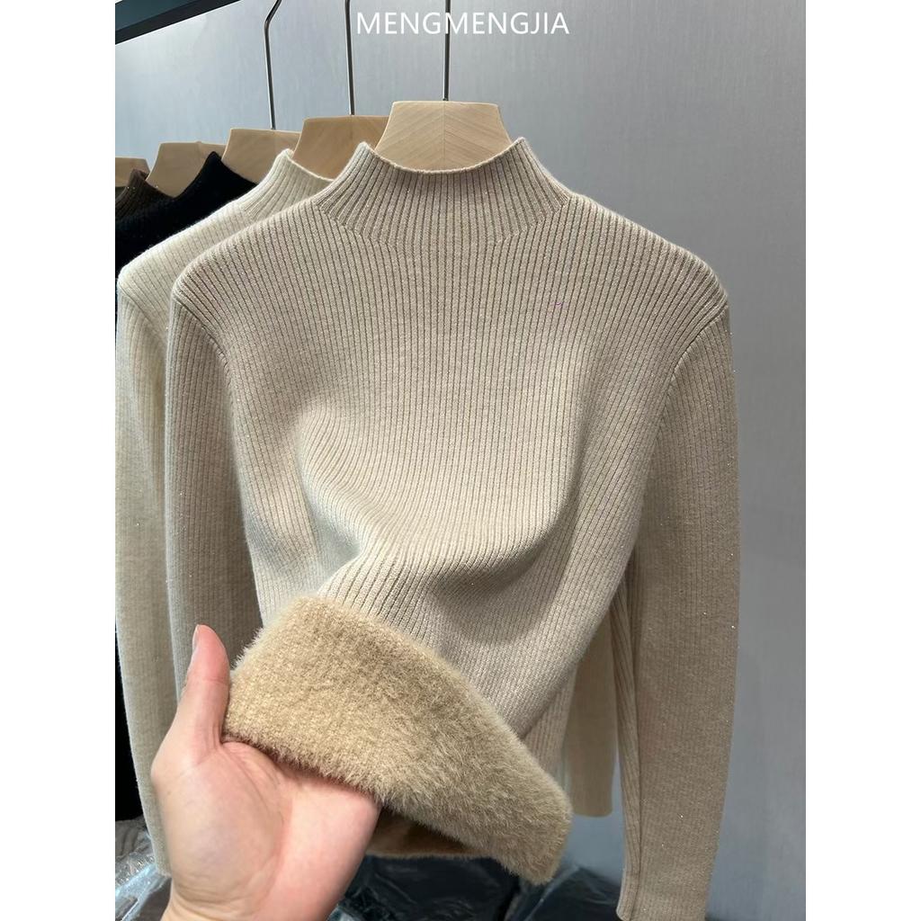 Half High Collar and Thick Velvet Winter Base Sweater for Women, Soft and Stylish, with Warm and Integrated Velvet Sweater Inside