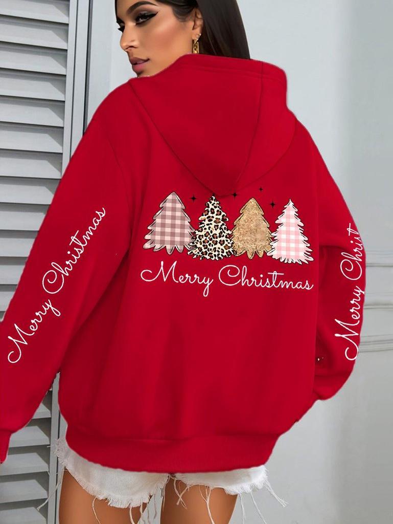 Merry Christmas Leopard Print Women's Hoodie Sweatshirt with Tree Pattern