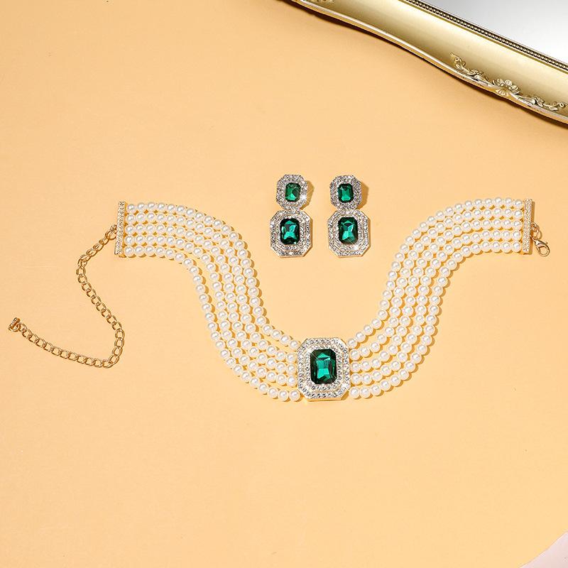 Multi-layer imitation pearl geometric rectangular crystal necklace earrings bridal choker diamond necklace collar women