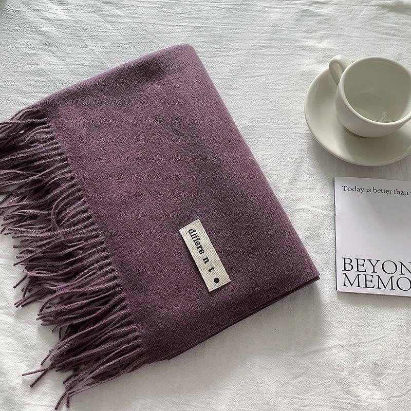 Flowing Fringe, Color-blocked, Simple Design, Faux Cashmere-like Scarf, Winter-thick, Cape-style, Student-friendly, Solid Color.