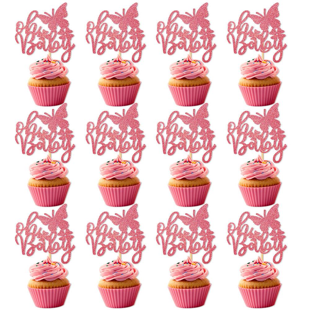 Baby Birthday Celebration Cake Decor Kit With Pink Glitter Paper Flags Event For