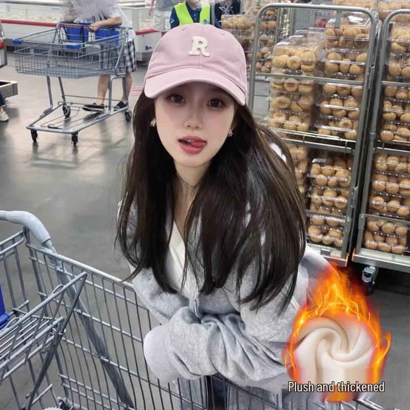 Women's Grey Hooded Fleece Sweatshirt - Slimming Thick Zip-Up Cardigan for Autumn/Winter 2025