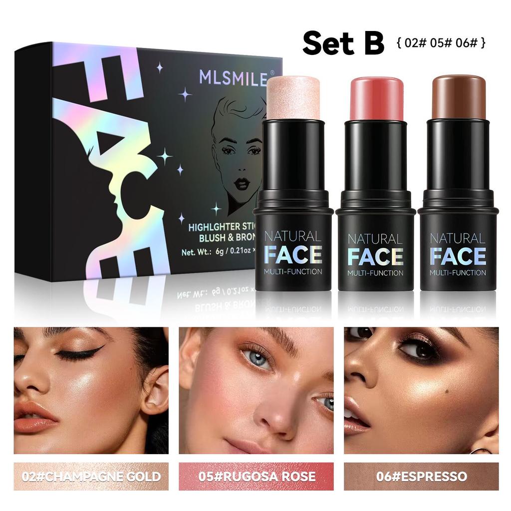 MLSMILE Contour & Highlight Stick Set: Concealer, Blush, Sculpting Shadow, Under-Eye Pen, Matte.