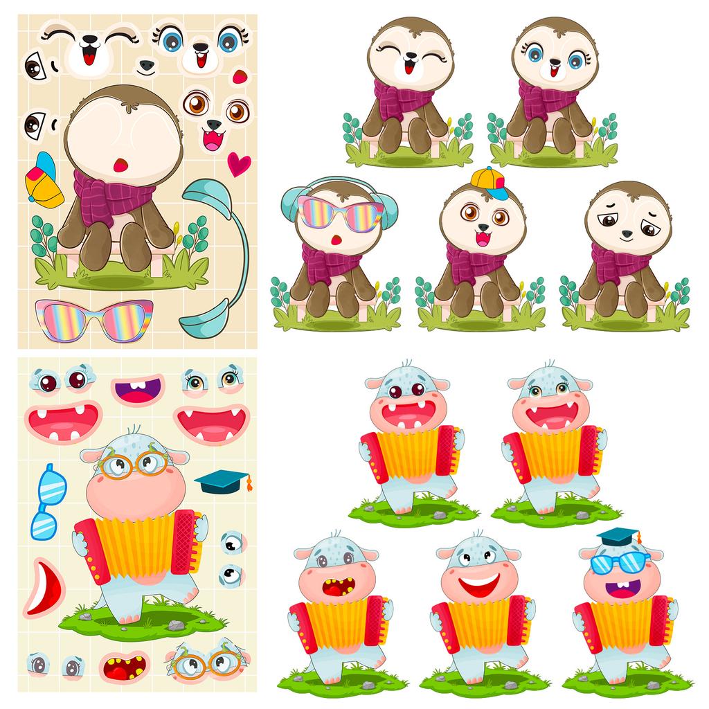 6 Photos/pack of Cute Cartoon Animal Face Swap DIY Puzzle Stickers for Children's Early Education Thinking Training Stickers