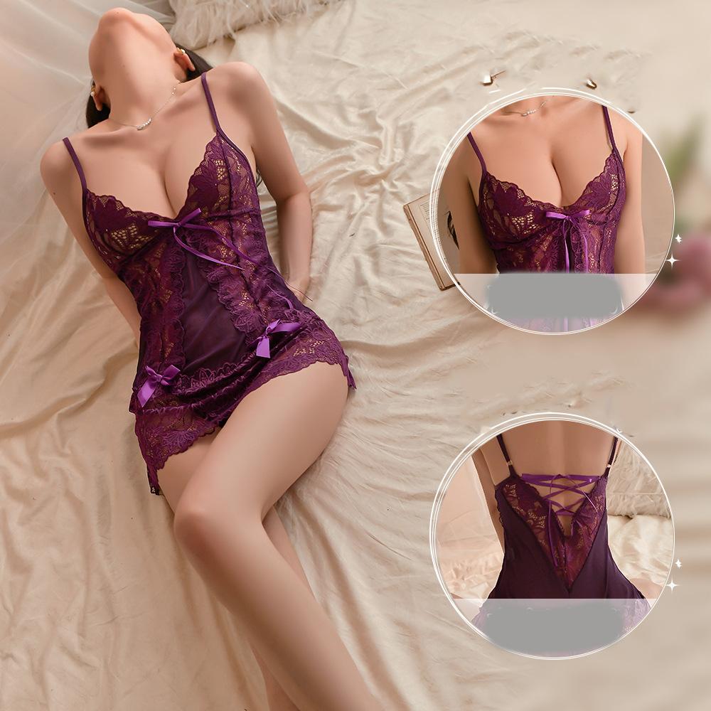 Ladies' Erotic Lingerie Pure Desire Suspender Nightgown Hollow Lace Transparent Bed Sexy Flirtatious Pajamas