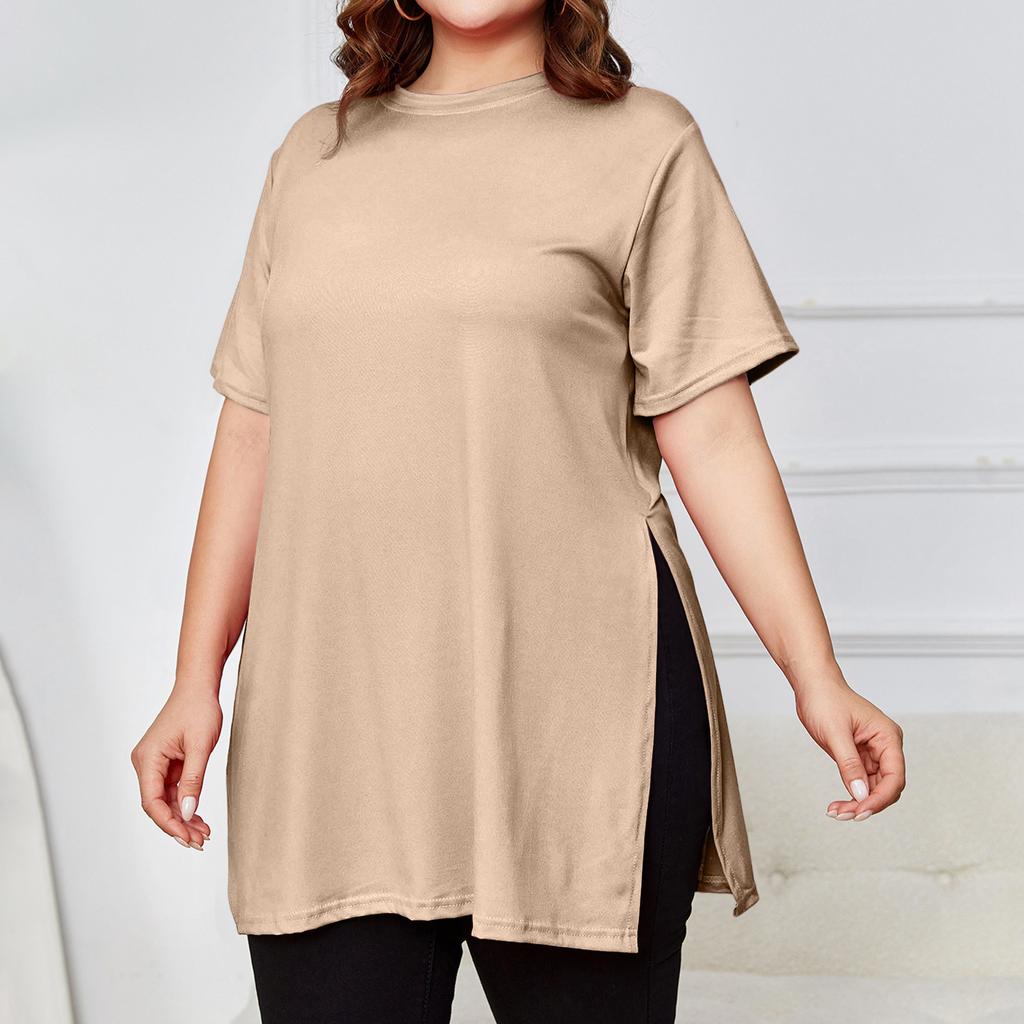 Women's Plus Size Slit Long T,shirt Round Neck Casual Loose Short Sleeved Top
