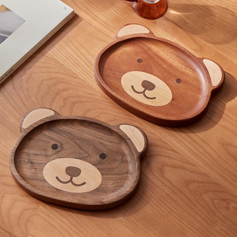 Cute Bear Plate Ebony Walnut Japanese Style High Value Wooden Plate Cartoon Fruit Serving Tray Round Bear Plate