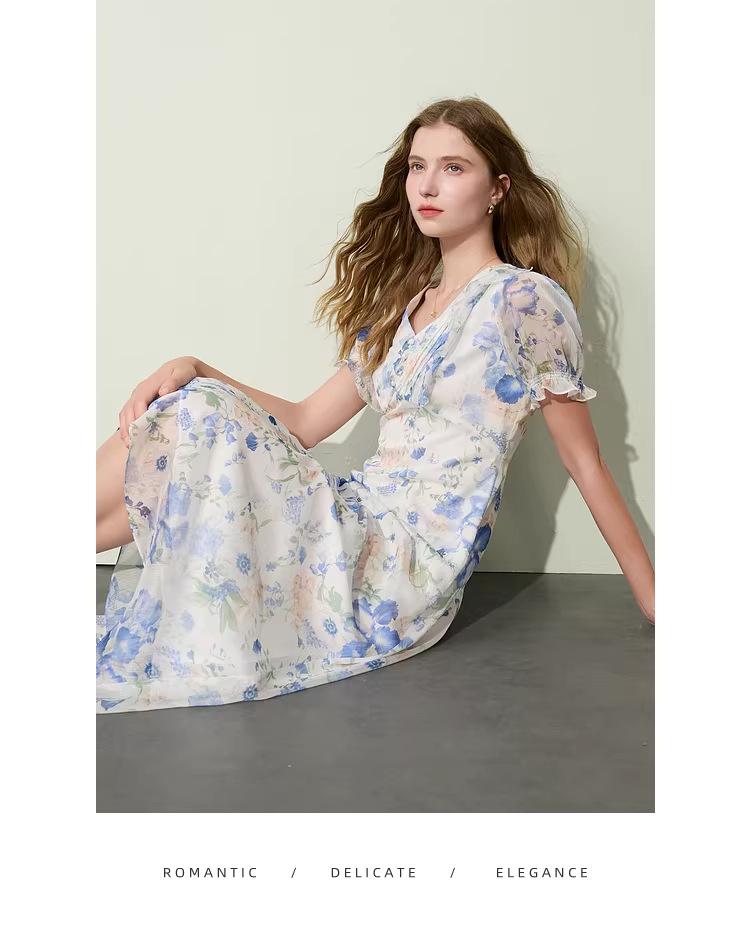 2026 Summer French Floral Mid-Length Blue Skirt - Romantic & Fashionable