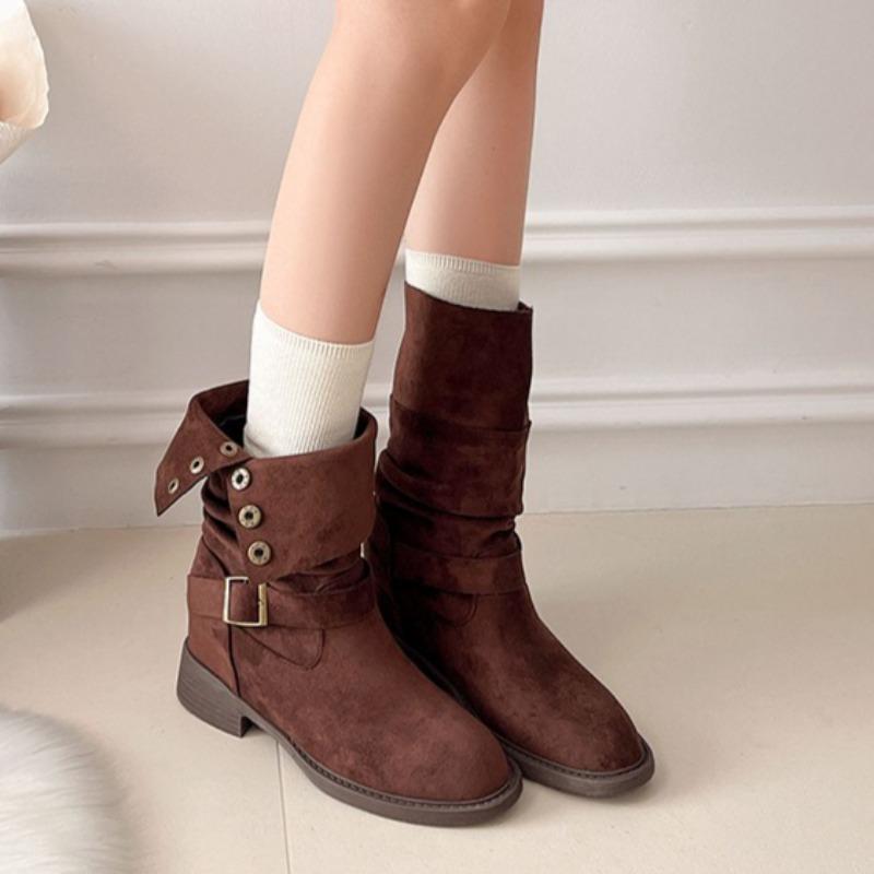 Stylish Studded Metal Pointed Toe Cow Suede Hair Sleeve Soft Sole Non-slip Wear-resistant Square Heel Mid-barrel Boots