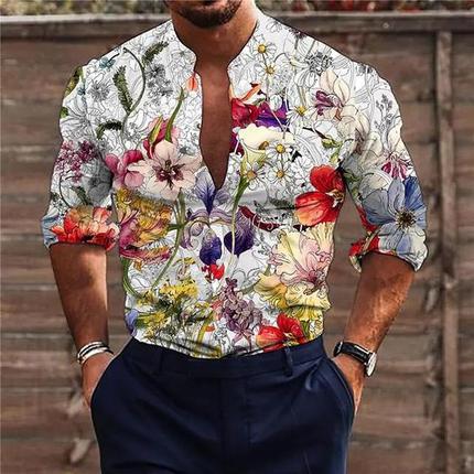 Camicia da uomo a maniche lunghe con stampa tropicale, stile casual da spiaggia