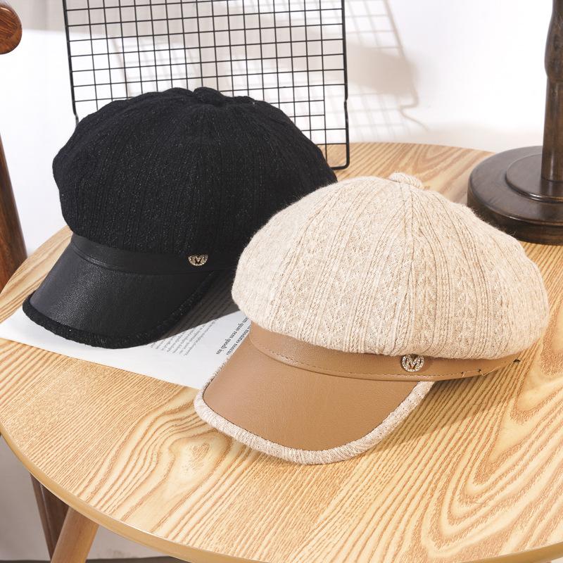 New Hat for Women In Spring  Autumn and Winter Leather Octagonal Hat Korean Version Beret Painter Hat Versatile Baseball Cap